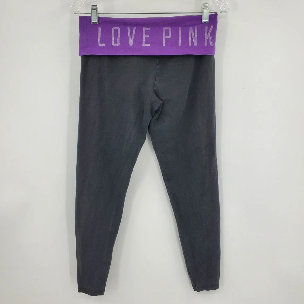 Victoria's Secret PINK Yoga Leggings Black Purple Y2K Foldover‎ Spellout Waist M